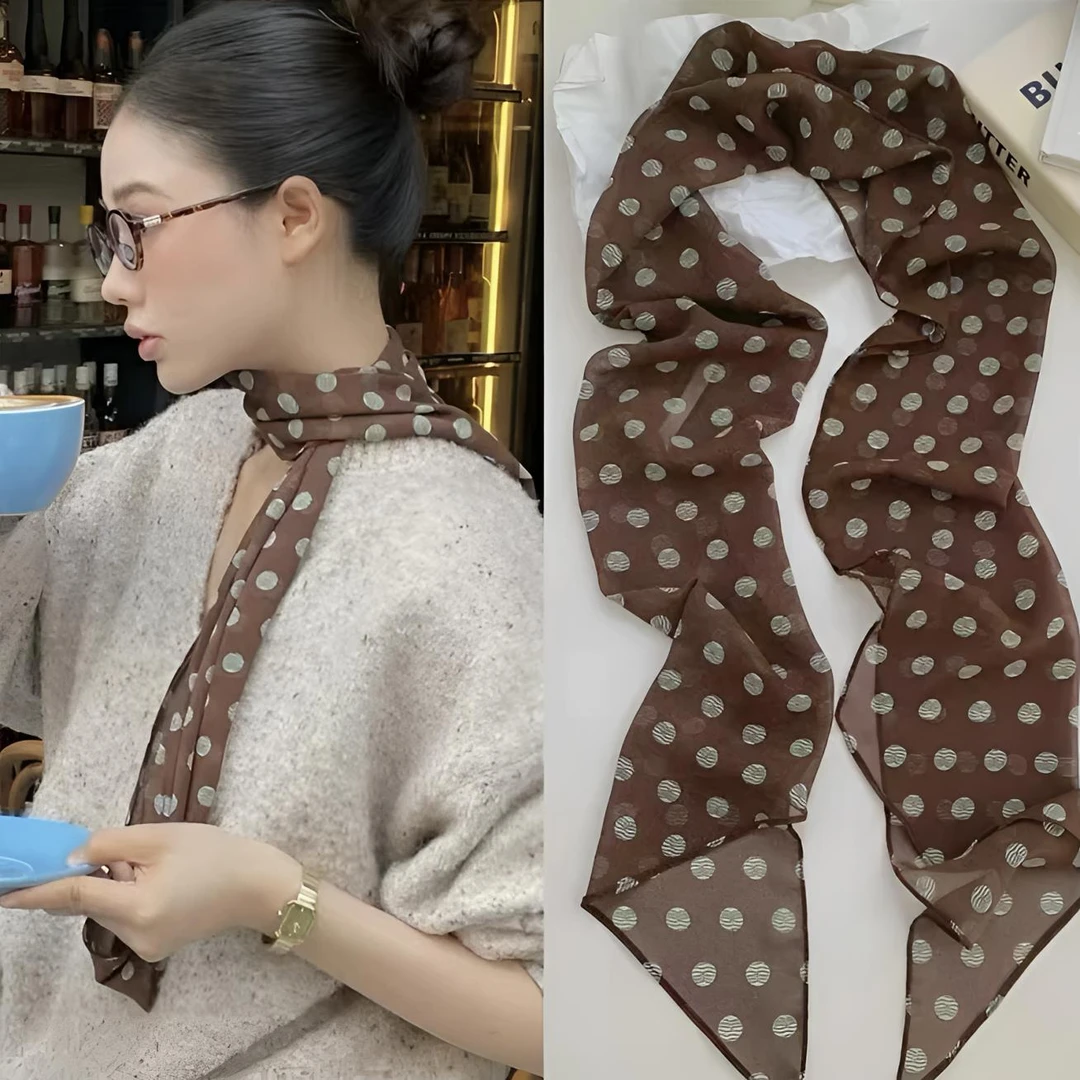 桑蚕丝丝巾单面乔其缎法式复古波点160*30斜角女士真丝防晒L188