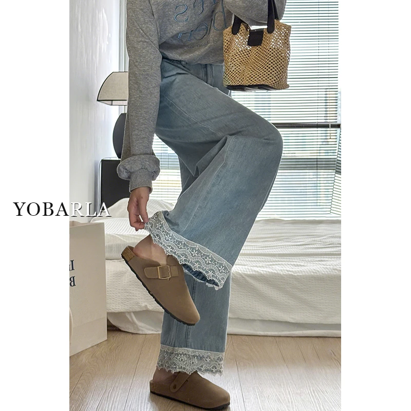 蓝色蕾丝花边牛仔裤女高腰秋冬新款胖mm大码宽松显瘦九分阔腿裤子