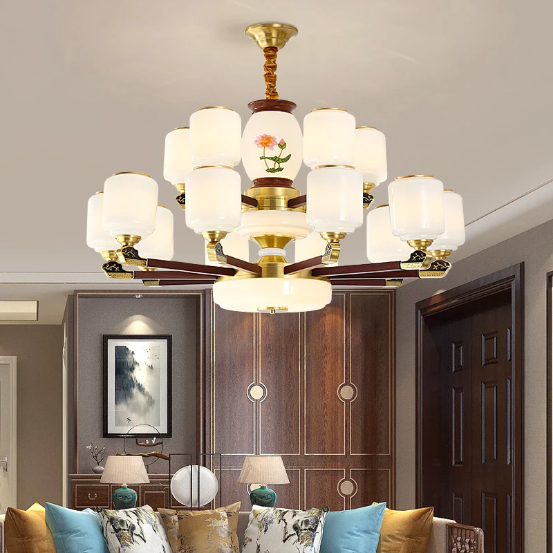 新中式铜加木纹吊灯中国风禅意大厅客厅主灯大气简约餐厅卧室灯