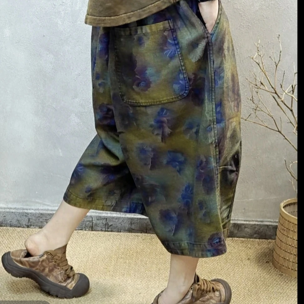 新款复古重工原创做旧回子贴布七分裤【裤长72臀围126】大码休闲