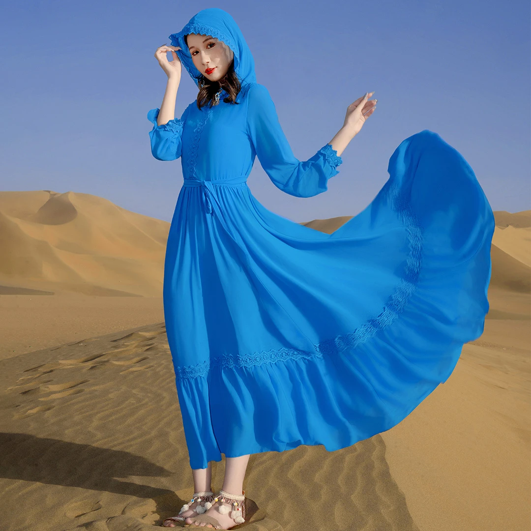 异域风情出游沙漠旅行穿搭天蓝色连衣裙大码波西米亚度假沙滩裙夏