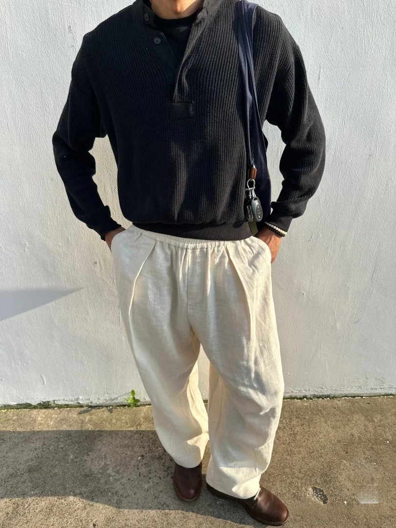 GRIDWALK"苎麻"LP老钱风多重打褶秋季阔腿垂感棉麻休闲裤子长裤