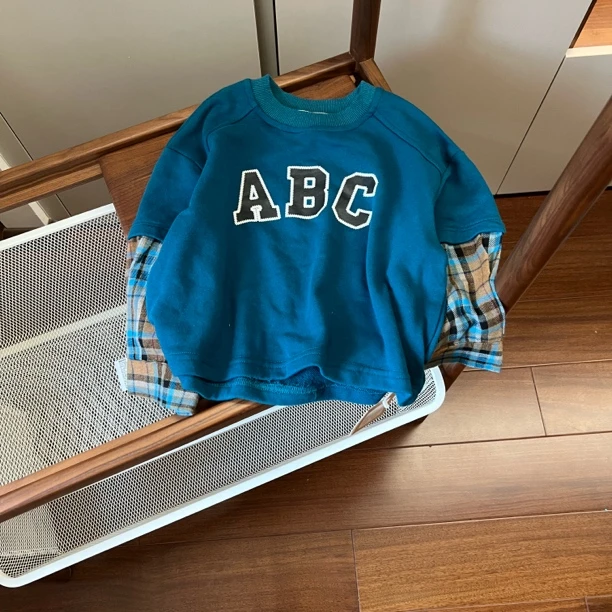 【编号D441】C199-06-ABC拼接格子儿童卫衣 蓝色-YJ