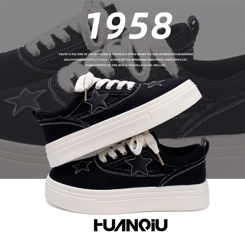 环球黑色星星板鞋男款韩版潮秋季2025新款休闲小黑鞋增高学生男鞋