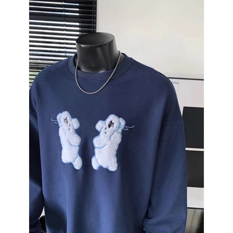 400g卡通小狗毛巾绣卫衣男款宽松休闲正肩长袖美式重磅圆领上衣潮