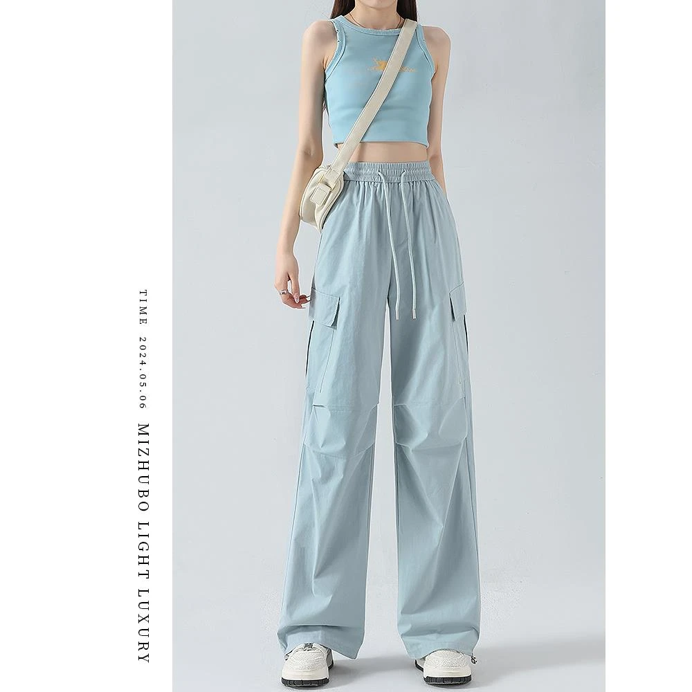 浅蓝色工装裤女夏季2025新款美式速干设计感冰丝薄款运动阔腿裤子
