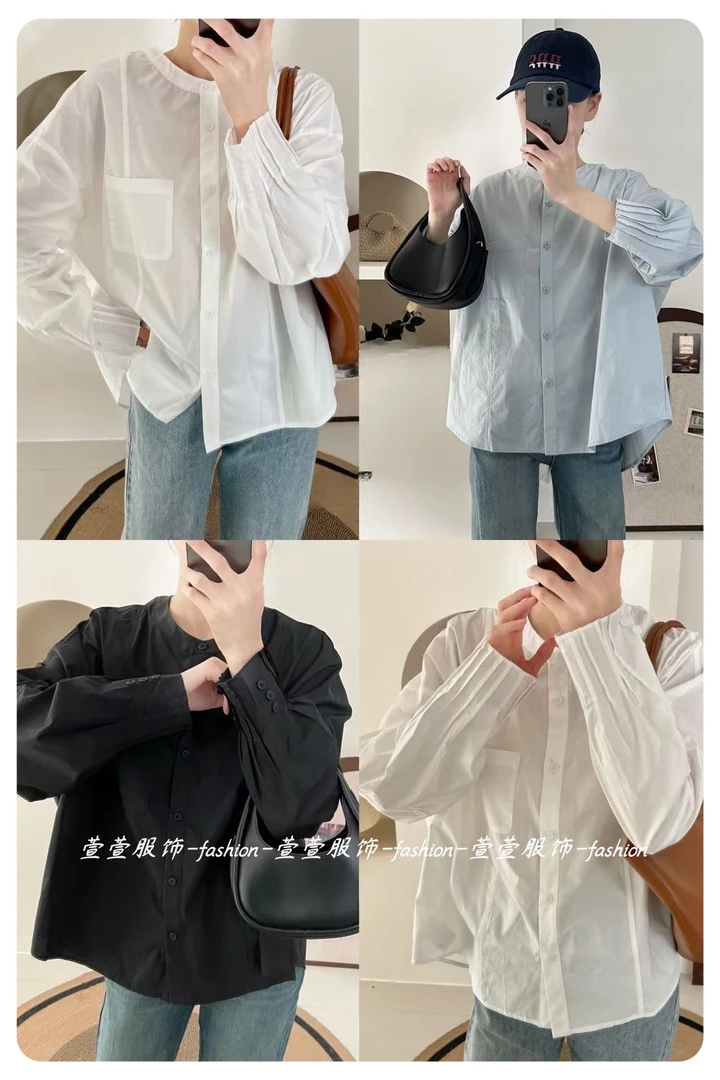 【萱萱服饰】CS548春季新款简约百搭纯色法式温柔风衬衣长袖衬衫女