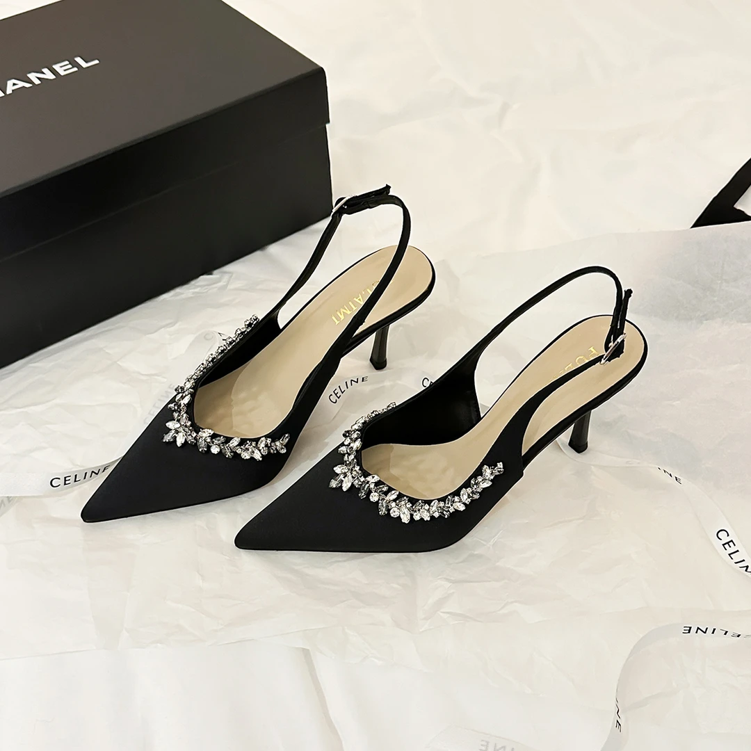 【32码起】水钻高跟鞋气质细跟尖头包头法式单鞋女后空一字带凉鞋女