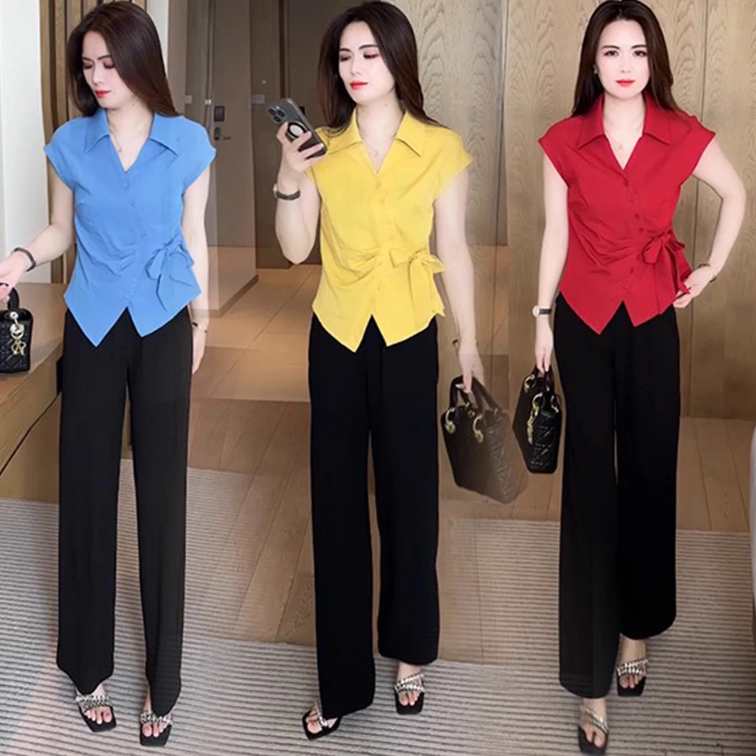 时尚气质套装女2025夏季新款设计感法式收腰短袖衬衫阔腿裤两件套