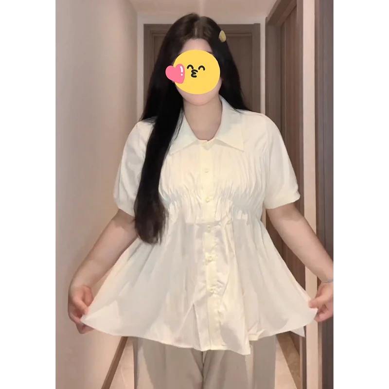 大码女装夏季新款修身舒适收腰松紧腰褶皱设计显瘦小众百搭衬衣