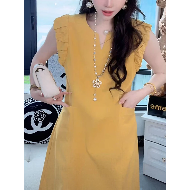 花边拼接无袖连衣裙女2025夏季新款时尚气质高级感减龄纯色裙子潮