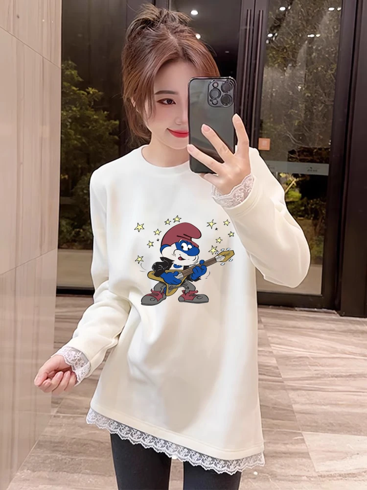 胖mm正肩磨毛圆领韩系长袖T恤女宽松显瘦遮臀内搭蕾丝边春季穿搭