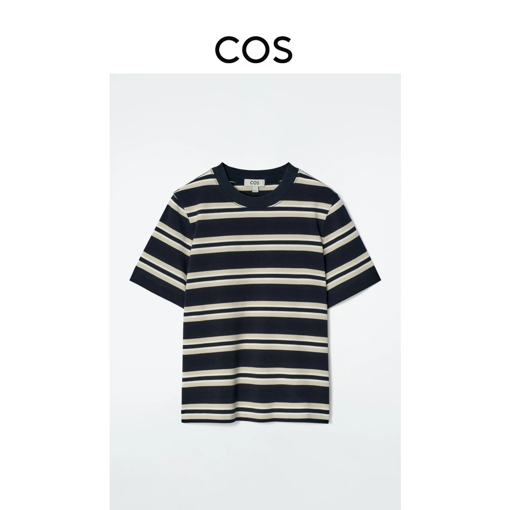 COS女装 标准版型圆领短袖T恤深蓝/条纹2025春季新品0960679126