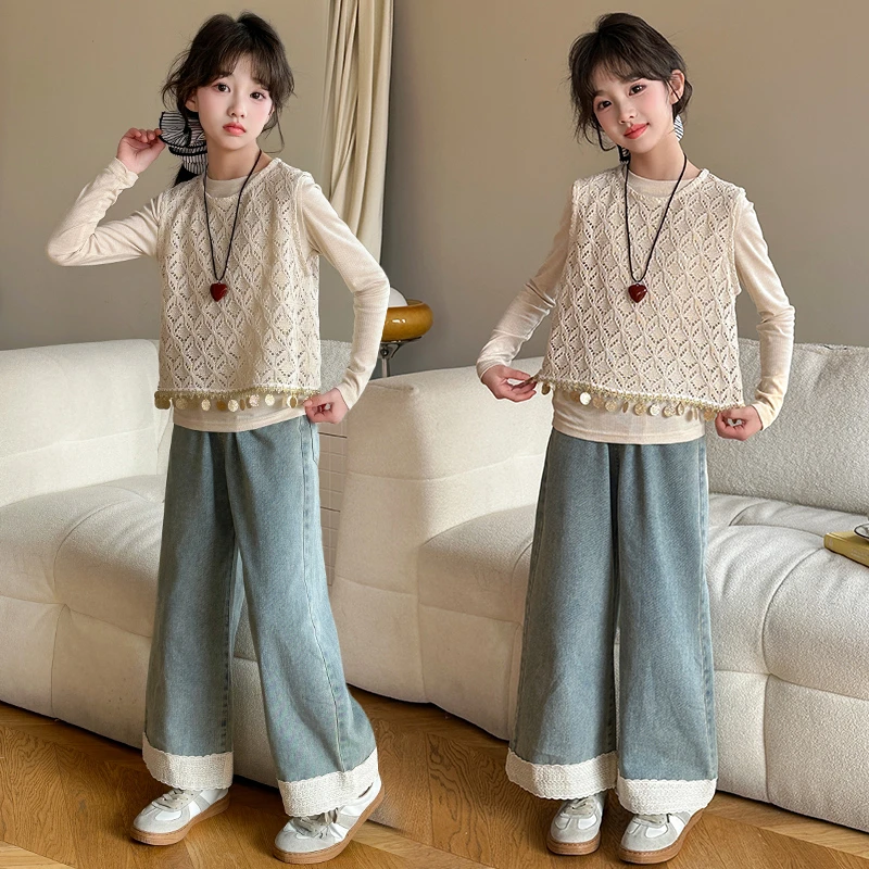女童蕾丝马甲套装春秋装2025新款女孩洋气针织童装春季休闲大童潮