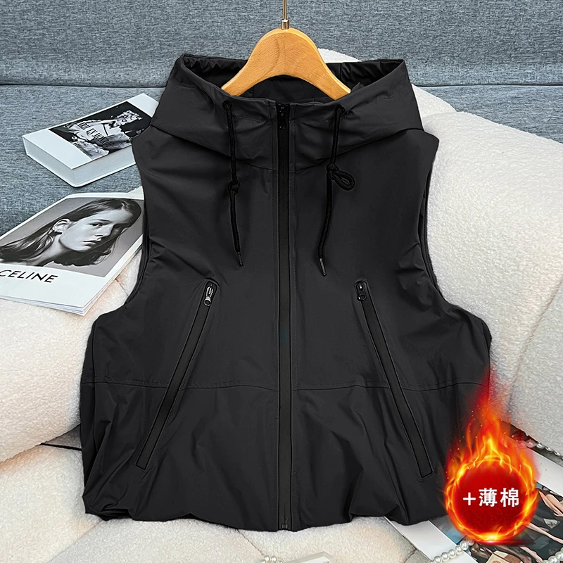 外穿棉马甲女2025秋冬季叠穿小坎肩百搭连帽无袖背心防水工装马夹