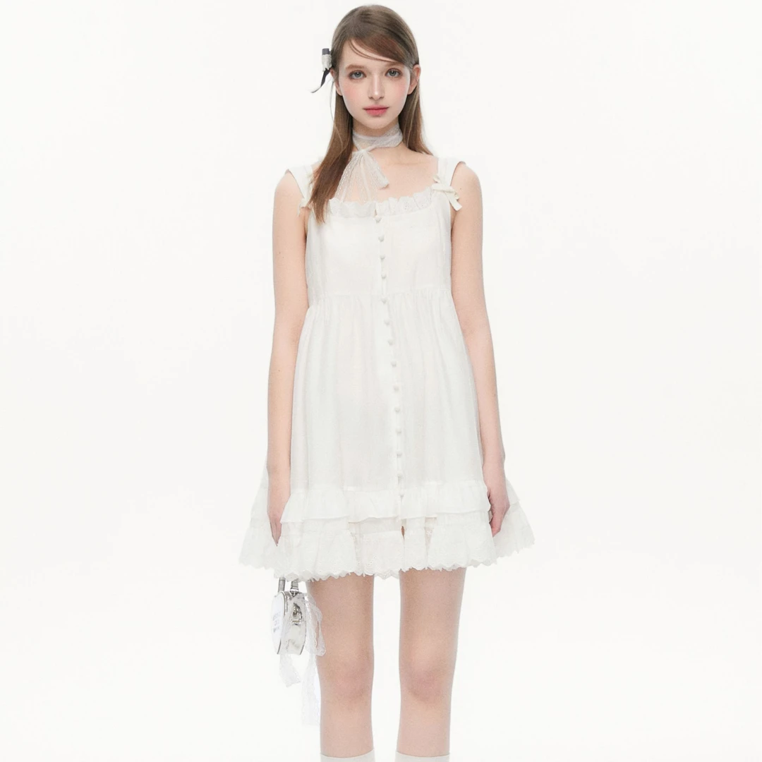 SPEAR YOUTH“花房奇遇”天丝法式白色吊带连衣裙蕾丝拼接短裙