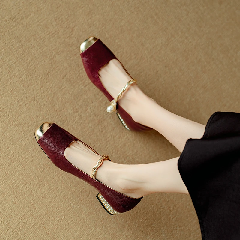 方头羊皮复古玛丽珍鞋女酒红色平底鞋女软底舒适低跟单鞋女浅口