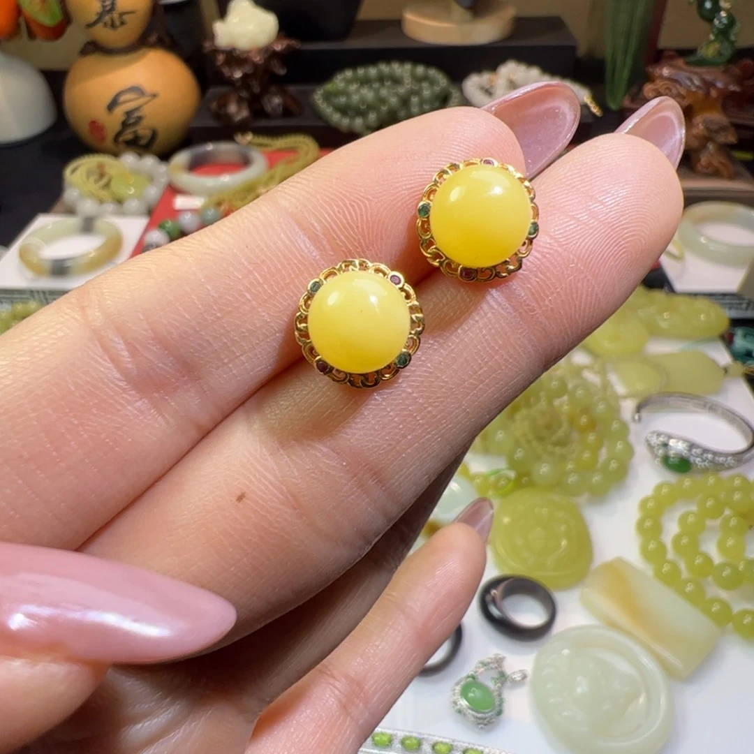 蜜蜡银S925镶嵌耳饰