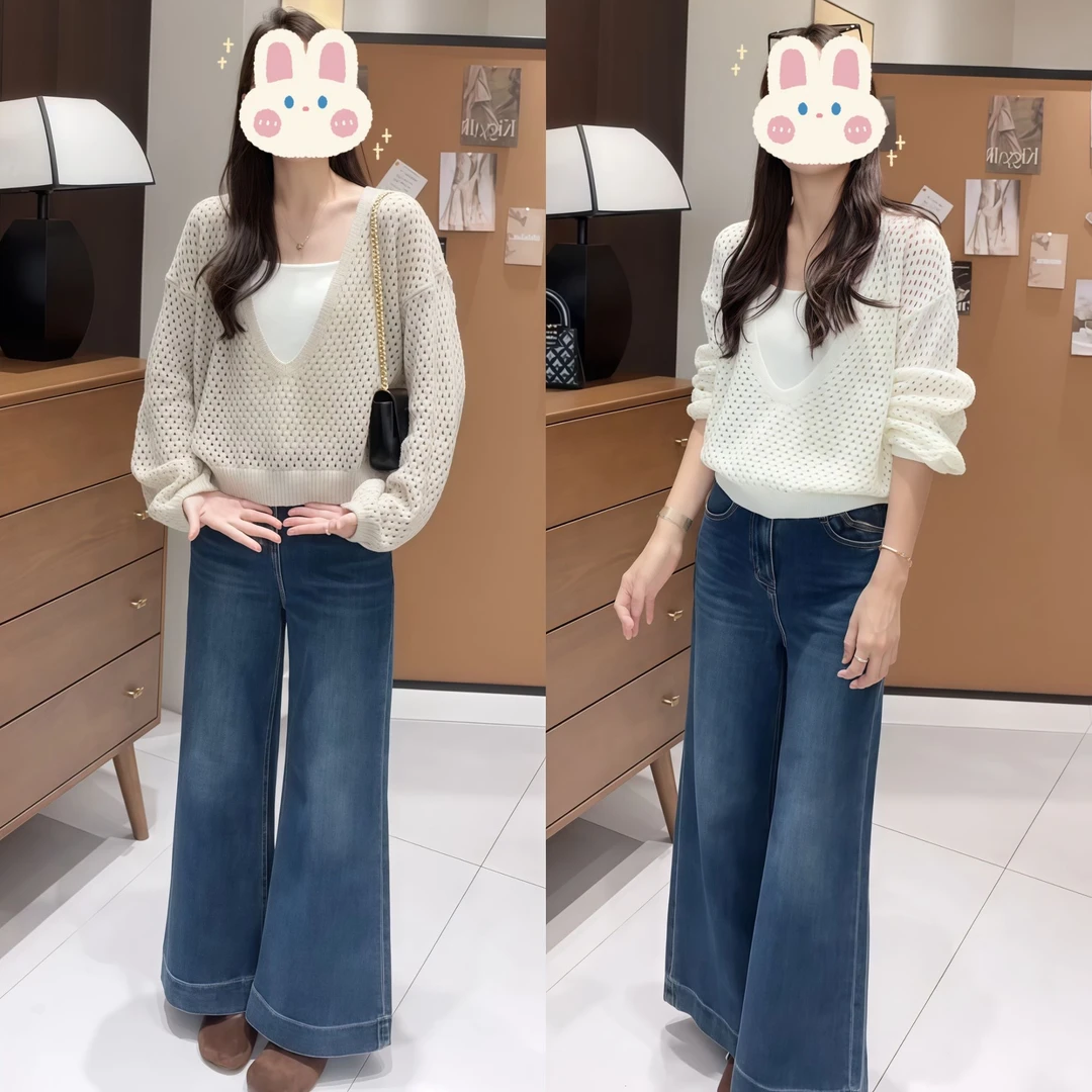 新款镂空针织衫罩衫吊带两件套+早秋高腰设计感韩风牛仔裤BB50276
