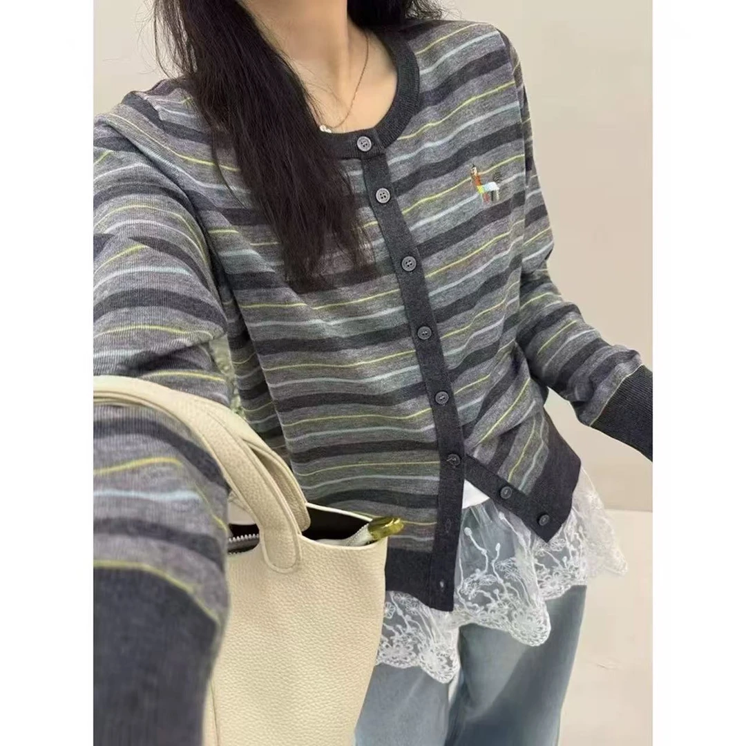 2417-3332  长袖圆领条纹刺绣狗毛针织衫百搭针织衫