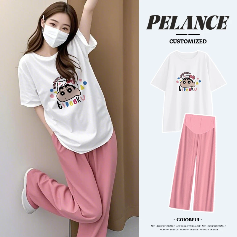 孕妇夏季新款休闲时尚蜡笔小新印花短袖上衣冰丝拖地裤两件套装