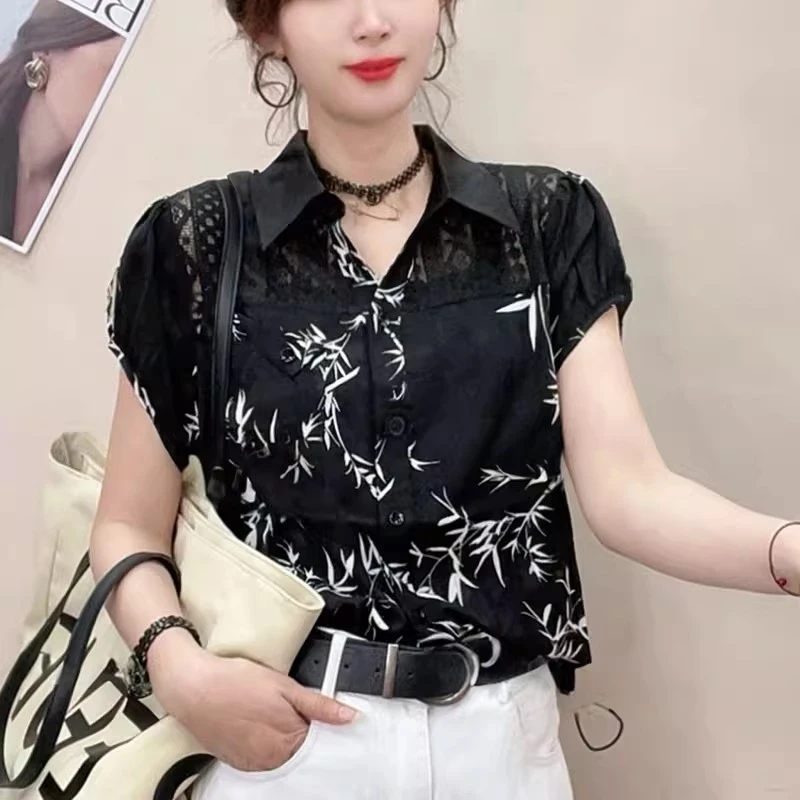 短袖衬衫女2025夏季新款时尚蕾丝拼接设计洋气百搭抽绳显瘦上衣