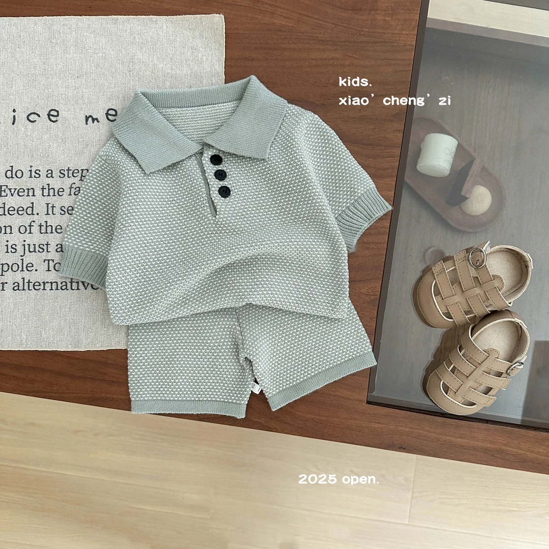 T25X160新款针织套装男童女童翻领短袖儿童夏季纯色韩版婴儿时尚