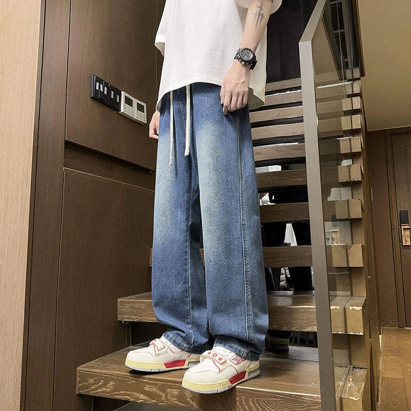 复古牛仔裤男春秋款宽松直筒阔腿裤子男士潮牌黑色百搭休闲长裤男