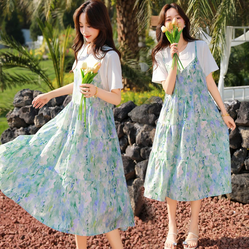 孕妇夏装连衣裙显瘦2025新款时尚洋气时髦裙子假两件夏季孕期穿搭