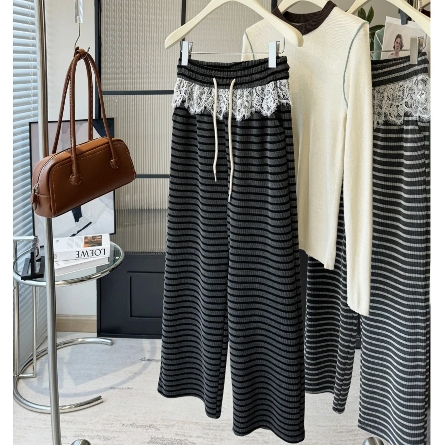条纹阔腿裤垂感显瘦实拍垂感直筒阔腿裤蕾丝拼腰间叠穿时髦层次感