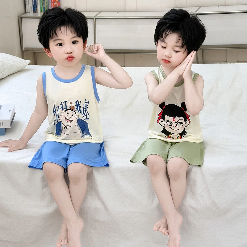 哪吒男童睡衣夏季莫代尔薄款无袖儿童家居服空调服夏天套装男宝宝
