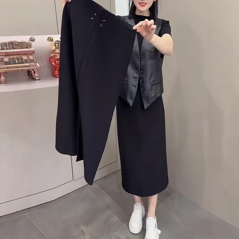 大码女装高腰百搭遮胯半身裙子女2025秋季新款中长款开叉裙包臀裙