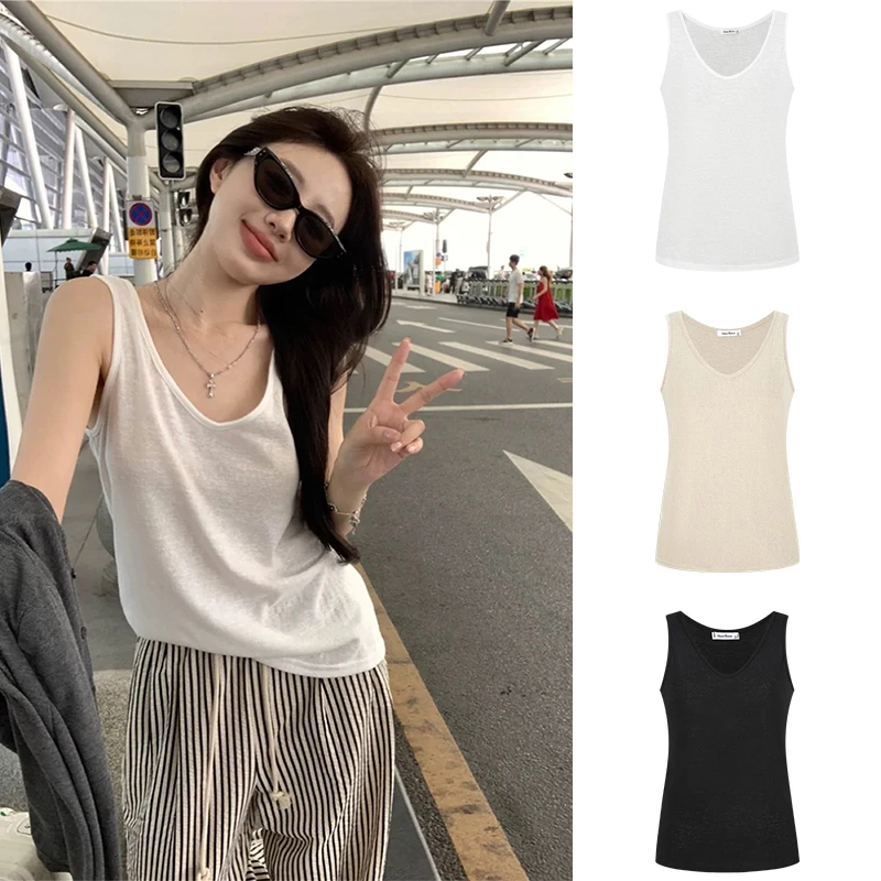 MosesQueen/魔西女王慵懒风V领微透外穿背心夏宽松显瘦气质上衣