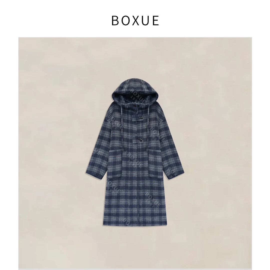 BOXUE“霜降”2025秋冬季100澳洲超细羊毛格子大衣外套#250906W4563