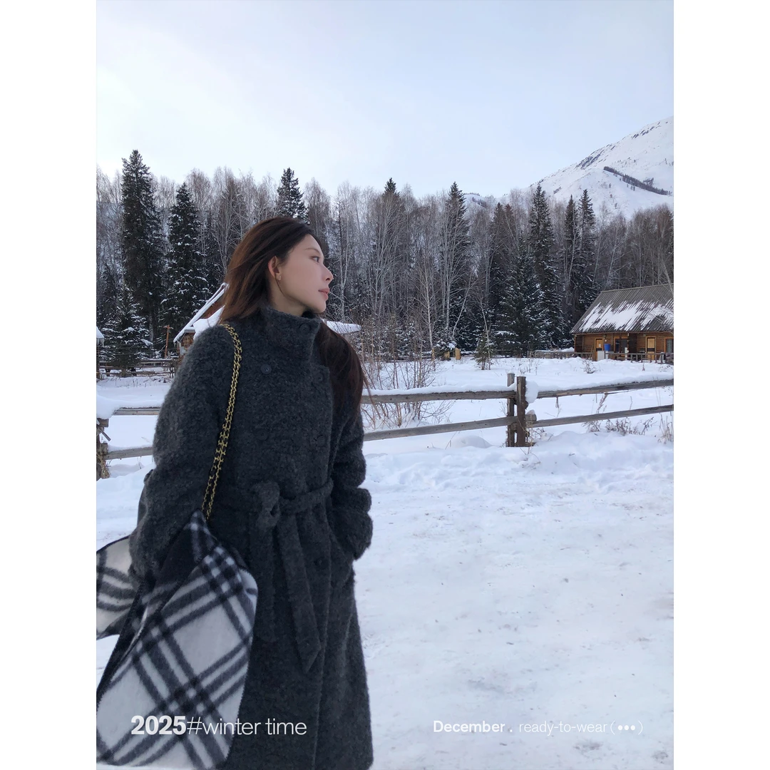 SUNONEONE 双排扣复古长款黑色羊毛大衣女冬季加厚毛呢外套H1449W