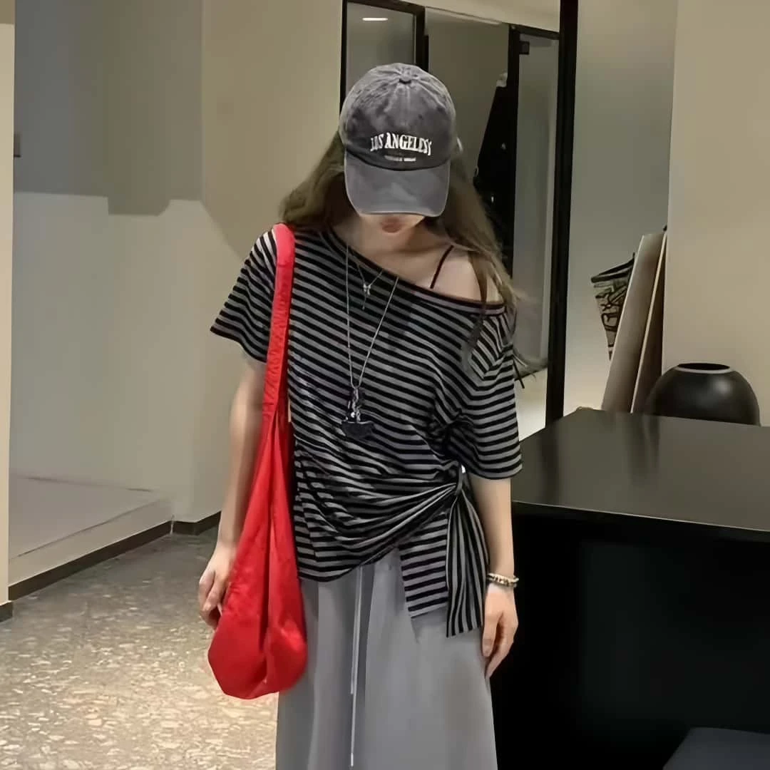 大码胖mm韩系复古不规则露肩条纹短袖T恤女夏季气质显瘦遮肉上衣