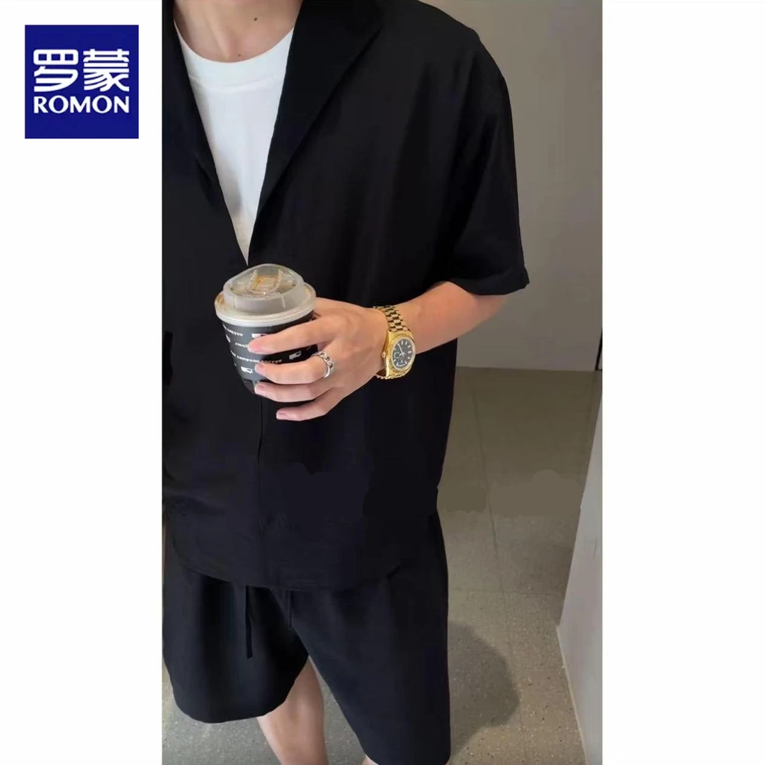 罗蒙夏季痞帅时尚百搭纯色休闲短袖男款宽松潮牌直筒短裤新款套装