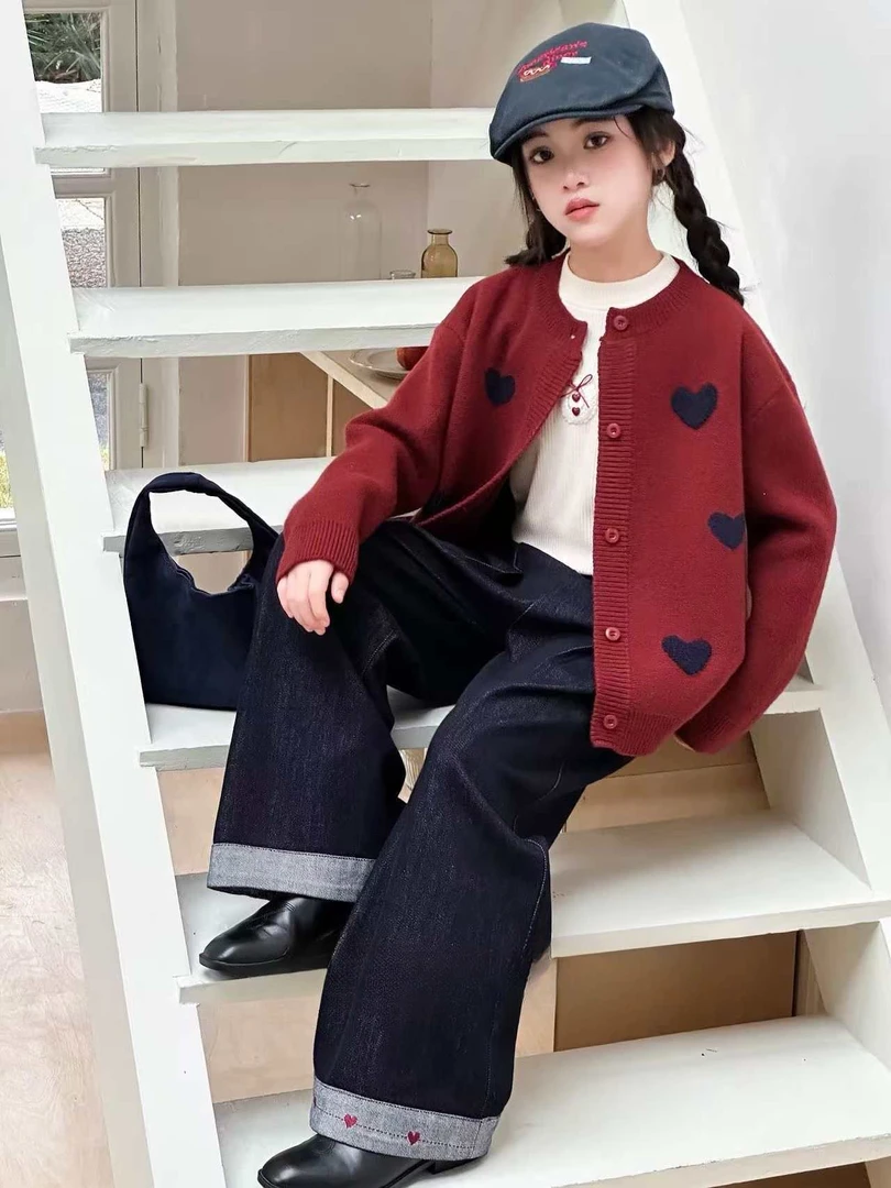 韩版心形千金风女纯色秋款秋季女宝套装外套洋气时尚大童女童