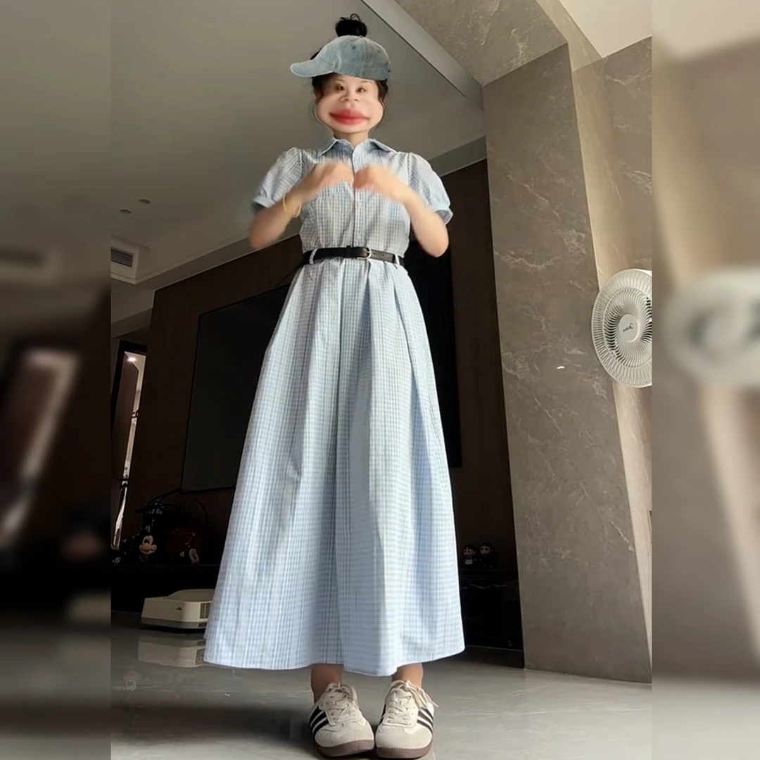 法式气质蓝色高级感超好看显瘦连衣裙子女夏季2025新款衬衫裙长裙