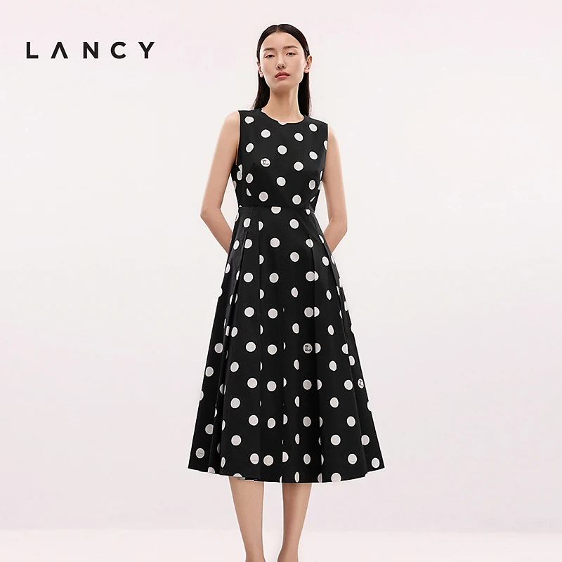 LANCY/朗姿2025夏季新款优雅波点无袖圆点收腰气质中长款连衣裙女