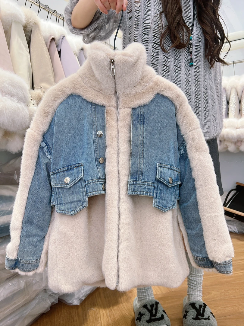 412223《现》精选韩版冬季百搭舒适牛仔拼接毛毛外套