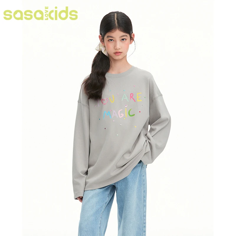 sasakids经典灰彩色印花异形烫钻可爱灵动百搭休闲长袖T恤女童