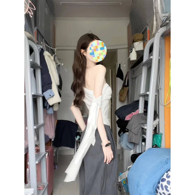 2025白色绑带短袖一字肩T恤短款上衣弯刀工装牛仔裤直筒休闲裤子