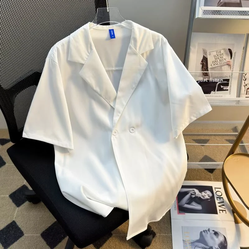 夏季薄款短袖西装衬衫男休闲潮牌港风日系复古设计感小众宽松衬衣