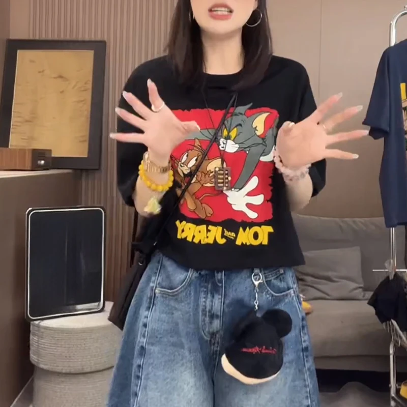 韩版宽松短袖T恤女2025夏季新款卡通猫和老鼠遮肉显瘦五分袖上衣