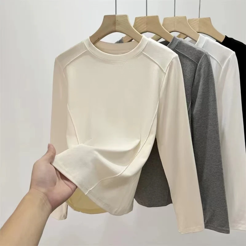 秋季新款肩膀鱼骨显瘦线纯色圆领气质时尚减龄圆弧边百搭上衣-N