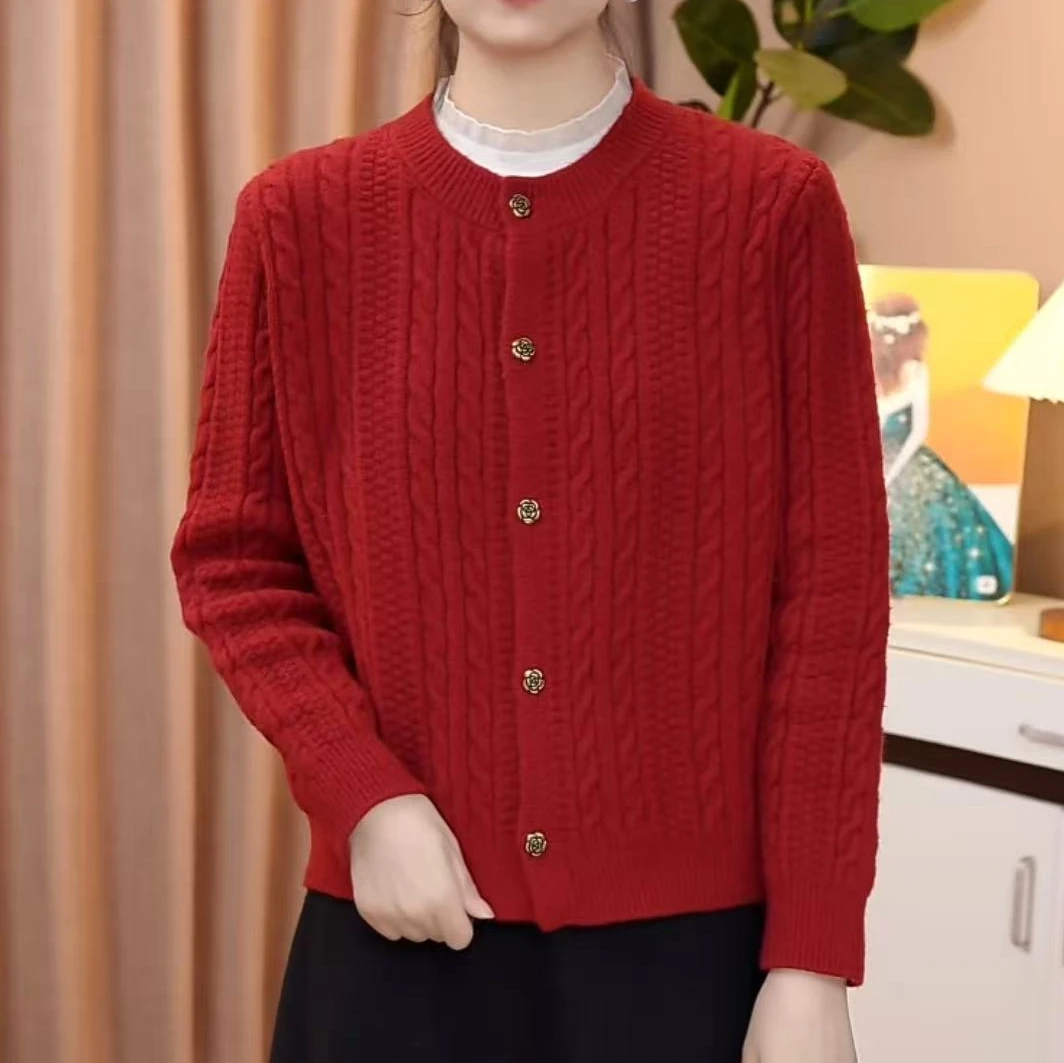复古小麻花长袖针织2025年新款加厚毛衣玫瑰花扣时尚百搭毛衣开衫