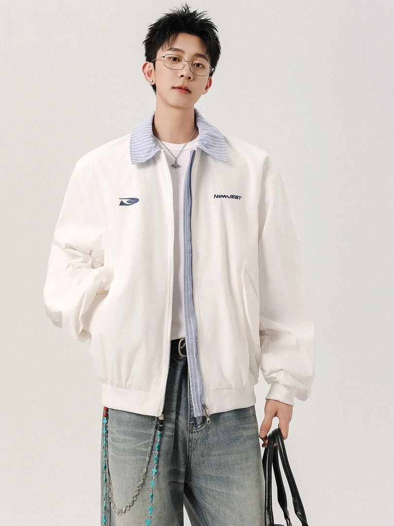 美式复古衬衫领夹克男款秋季潮牌百搭假两件外套高街刺绣休闲上衣