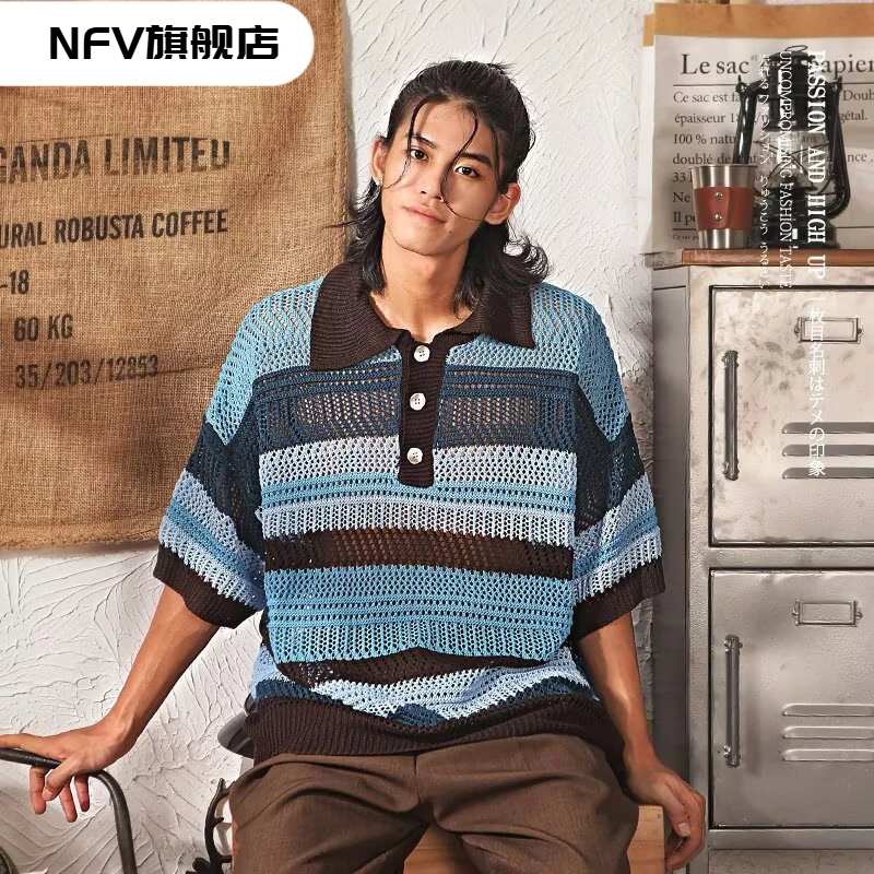 NFV夏季新款短袖针织衫男镂空条纹复古POLO衫商务高级潮外贸跨境