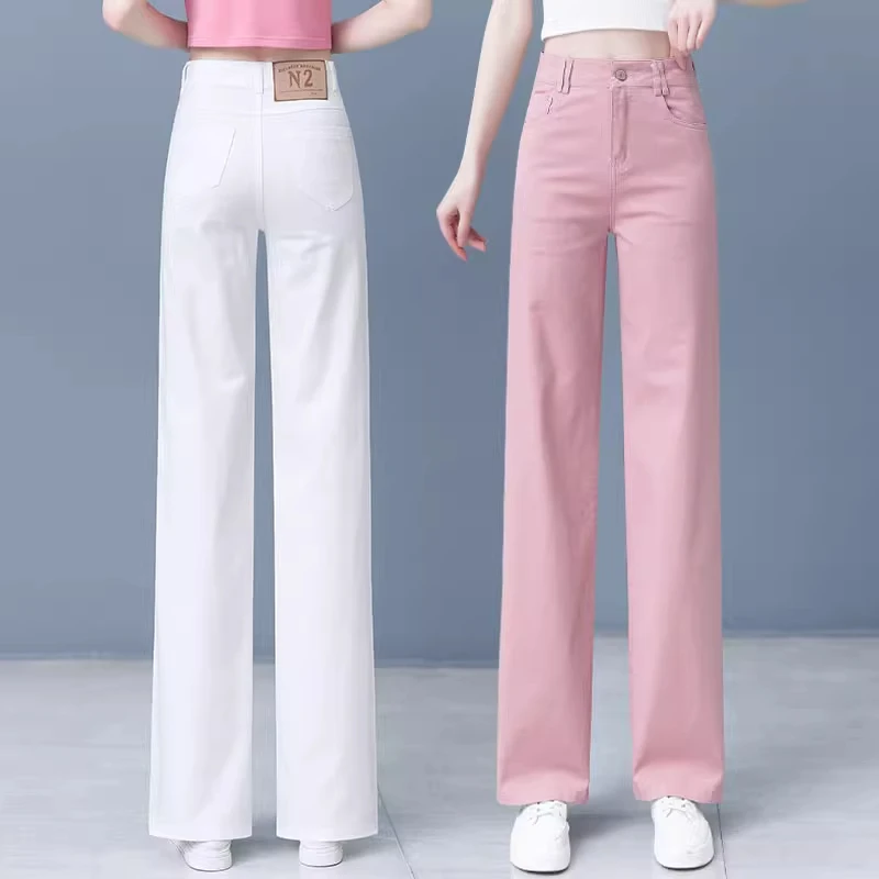 拉夏贝尔夏季薄款牛仔裤女2025年新款高腰宽松遮胯显瘦窄版直筒裤